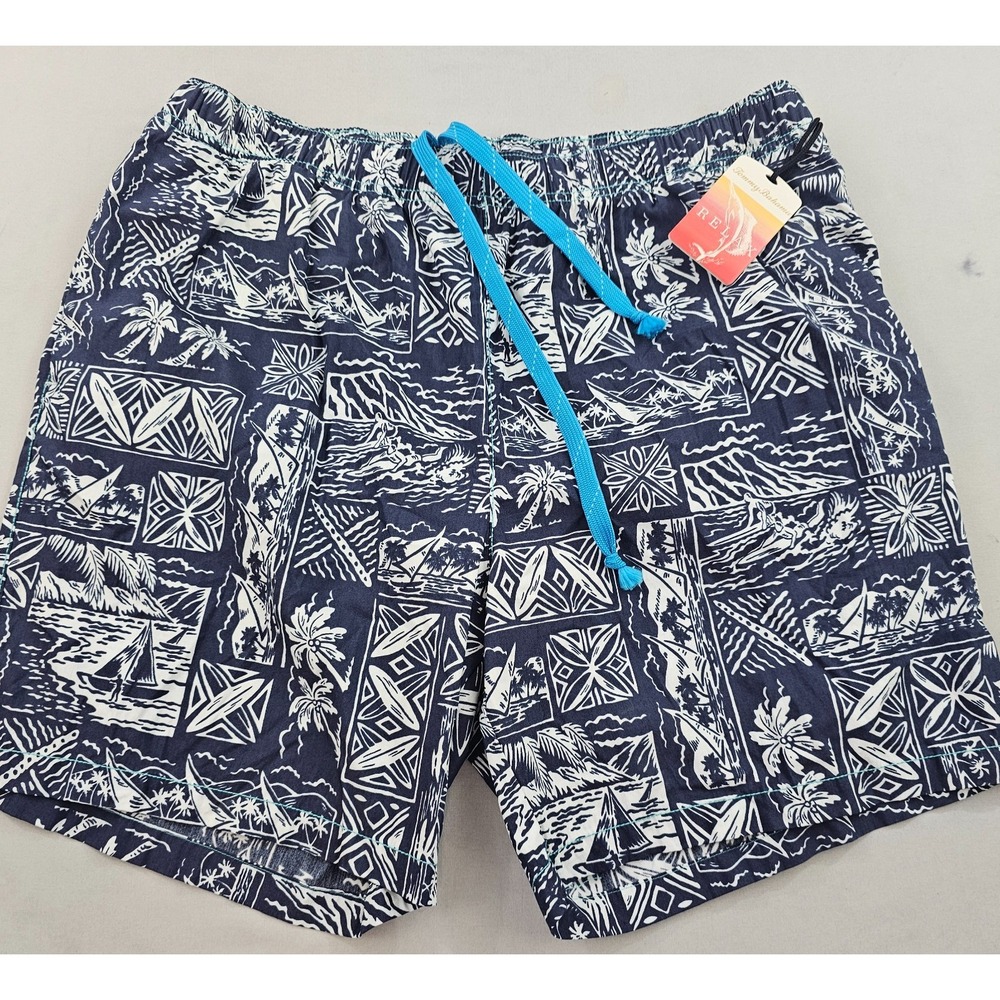 Tommy Bahama Relax Mens L Swim Trunks Navy Blue Tropical Palm Boat Board Shorts